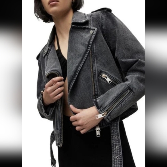 NWOT ALL SAINTS BALFERN DENIM BIKER JACKET IN WASHED GRAY - Picture 3 of 12